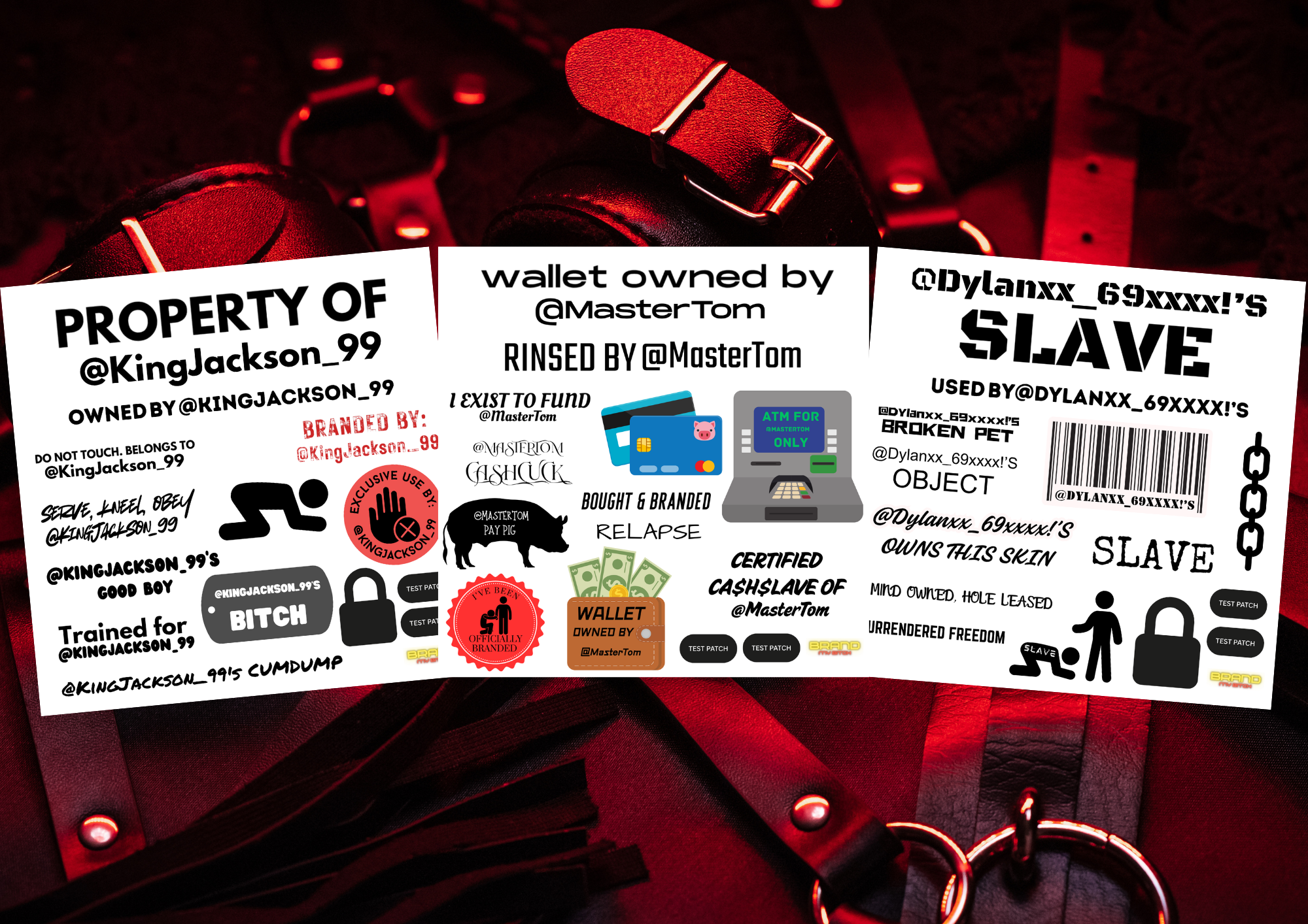 Brand My Bitch custom temporary tattoo sheets, ownership and BDSM designs